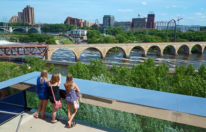 The view from the Guthrie Theatre over the Stone Arch Bridge, the second oldest bridge along the Mississippi River